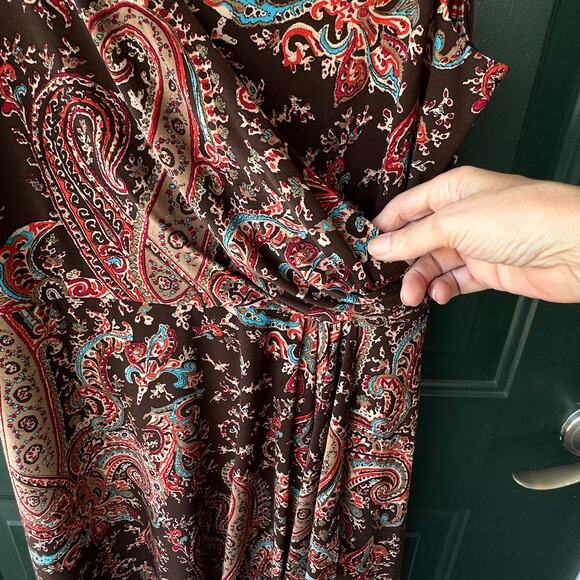 Lauren Ralph Lauren Petite Brown Paisley Midi Dress PL Ruched Sleeveless - Picture 2 of 6